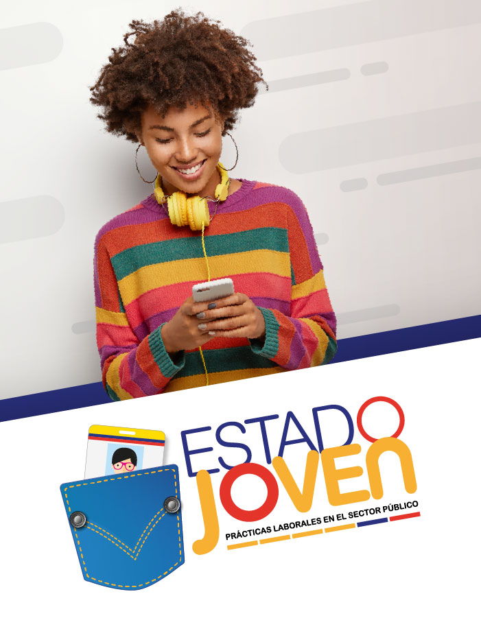 Mujer joven sosteniendo un teléfono inteligente y logo del Programa Estado Joven